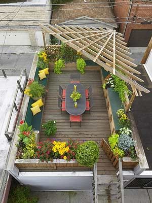 Great roof top garden - love the idea of using some plants as a border around our rooftop patio: Corner Pergola, Patio Pergola, Rooftop Design, Gardening Trends, Rooftop Patio, Have Inspiration, Terrace Design, Pergola Plans, Diy Pergola