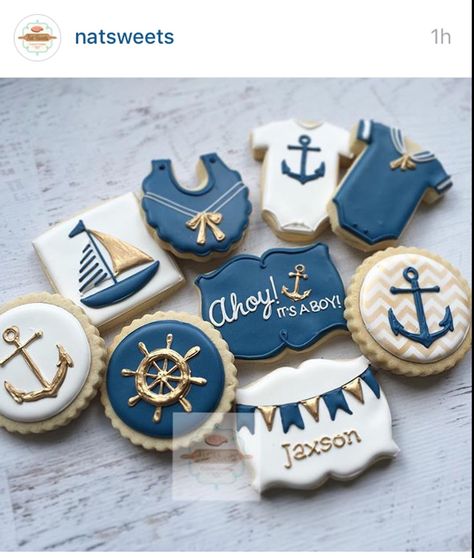 Baby Shower Cookies For Boy, Nautical Food, Fishing Cakes, Anchor Cookies, Vintage Baby Shower Boy, Sailor Baby Showers, Baby Shower Ideas For Boys, Gold Cookies, Ideas For Baby Shower