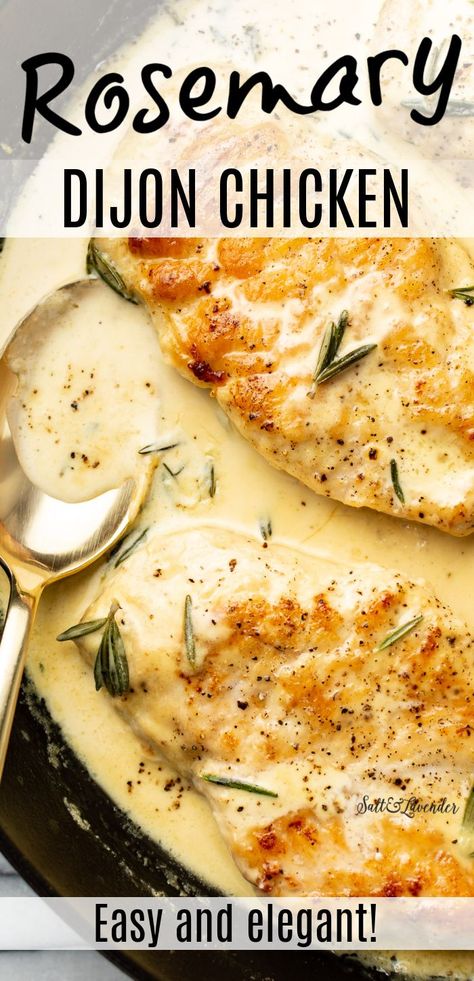 closeup of chicken in a skillet with a serving spoon and text overlay that reads rosemary dijon chicken - easy and elegant! Dijon Chicken Recipes, Rosemary Sauce, Dinners Chicken, Rosemary Chicken Recipe, Creamy Dijon, Dijon Chicken, Fall Comfort Food, Chicken Entrees, Rosemary Chicken