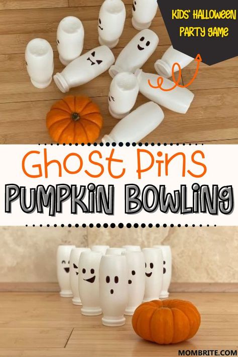 Hosting a mini Halloween party for kids? Using some ghost pins and pumpkins, you can easily set up this fun and exciting Pumpkin Bowling party game! Halloween Bowling Game, Halloween Mini Games, Homeschool Halloween Party, Mini Halloween Party, Ghost Bowling, Halloween Bowling, Pumpkin Bowling, Homeschool Halloween, Kindergarten Halloween Party