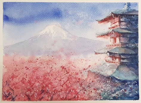 Mount Fuji_watercolor Komosa Mount Fuji Painting Watercolor, Mt Fuji Watercolor, Mount Fuji Watercolor, Mount Fuji Art, Mount Fuji Painting, Japan Watercolor, Mount Fuji Japan, Monte Fuji, Night Sky Painting