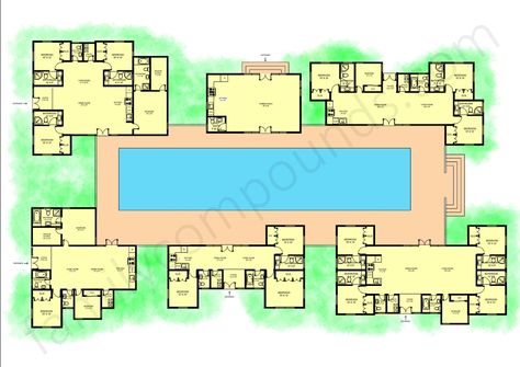 8 Fantastic Family Compound Layouts With House Floor Plans Family Property Compound, Compound Living Home Plans, Multiple Homes On One Property, Hostel Plans Architecture, Library Floor Plan Architecture, U Shaped House Plans Courtyards, Compound Living Ideas, 2 Houses Connected, Compound House Plans Family