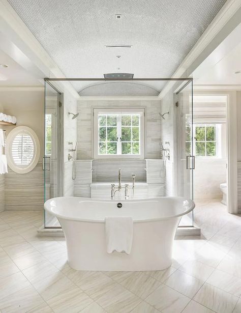 Liz Caan, White Bathroom Inspiration, Shower Design Ideas, Big Bathtub, Bathroom With Tub, Walk In Shower Designs, Neutral Bathroom, Master Shower, Transitional Bathroom