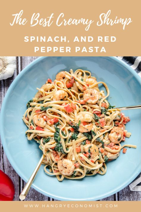 The Best Creamy Shrimp, Spinach, and Red Pepper Pasta Leftover Lobster, Shrimp Spinach, Low Salt Recipes, Salt Recipes, Red Pepper Pasta, Creamy Shrimp, Seafood Entrees, Pepper Pasta, Low Salt