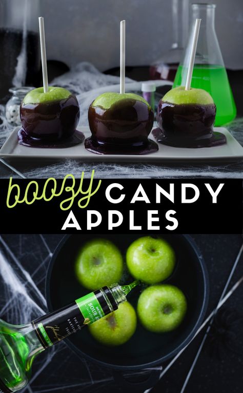 Candy apples that have been soaked in alcohol for a boozy adult Halloween treat that will be sure to bewitch your guests. These apples are dipped in a black and edible glitter purple candy coating. #ElleTalk ElleTalk #Halloween #HalloweenRecipe #AppleRecipe #BoozyRecipe #BoozyTreat #ApplePucker #CandyApple Alcoholic Candy, Poison Candy Apples Recipe, Fancy Candy Apples, Boozy Apples, Halloween Candied Apples, Drunken Apples, Alcohol Candy Recipes, Halloween Candy Apples Ideas, Adult Halloween Party Desserts