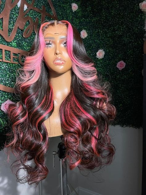 Black Hair With Fuschia Highlights, Red Wig Pink Highlights, Black Lace Front With Pink Highlights, Pink Highlights In Black Hair Wig, Black And Pink Highlights Wig, Black Wig Pink Highlights, Birthday Hair Colors, Pink And Black Sew In, Custom Wigs For Black Women