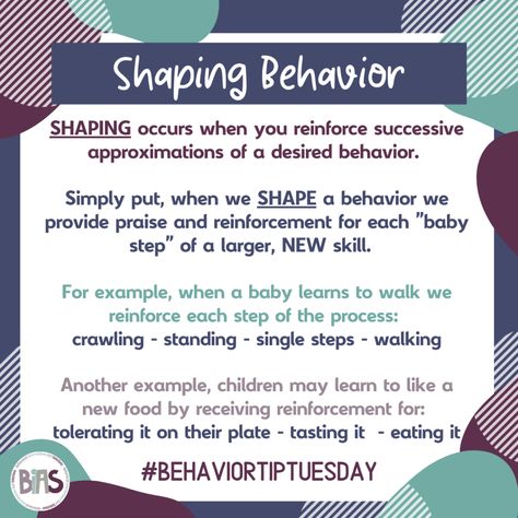 Shaping When you shape a behavior you provide reinforcement for behaviors that are incrementally closer to the targeted behavior. In other words, you reinforce the “baby steps” when teaching a new skill or behavior. If you decided you wanted to run a 5K, but have never run a day in your life (and in fact, […] Replacement Behaviors, Functions Of Behavior, First Then Board, Applied Behavior Analysis Training, Rbt Exam, Bcaba Exam, Aba Therapy Activities, Behavioral Interventions, Bcba Exam