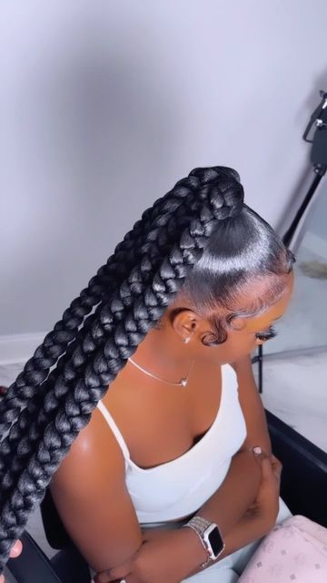 Tannstylesss Beauty Studio ✨ on Instagram: "4 braids Ponytail 💗 Natural hair 💓 Fact: Flat iron in the direction of the ponytail , makes the process 10x easier and makes the best foundation 🎈" Two Braids To Ponytail, Three Part Braided Ponytail, Ponytail With Multiple Braids, 4 Ponytail Braids, Two Braids Into Ponytail, Braids Ponytail For Black Women, Braided Up Ponytail, One Braid Ponytail, Ponytail Natural Hair