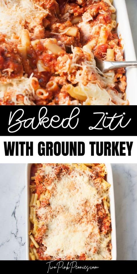 This Baked Ziti with Ground Turkey is a family favorite dinner recipe. It has saucy, meaty, and cheesy layers and is topped with tons of bubbling mozzarella. It is the perfect ground turkey recipe to make for dinner! Baked Ziti With Ground Turkey, Best Baked Ziti Recipe, Ground Turkey Casserole, Ground Turkey Recipe, Baked Pasta Recipe, Baked Ziti With Ricotta, Ground Turkey Pasta, Turkey Chili Crockpot, Easy Baked Ziti