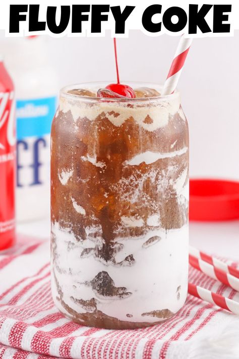 Fluffy Coke with a cherry on top in a Glass Cup with a straw. Philadelphia Water Ice Recipe, Fluffy Coke Drink, Dirty Coke Recipe, Cotton Candy Frappuccino, Vanilla Bean Frappe, Coke Recipes, Drinks Nonalcoholic, Coke Drink, Easy Waffle Recipe