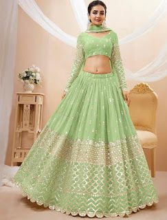 Trendy Full Sleeve Lehenga Cholis For Autumn/Winter . Designerplanet Pista Green Colour, Sequin Lehenga, Green Lehenga Choli, Lehenga Choli Designs, Pista Green, Georgette Lehenga, Lehenga Wedding, Green Lehenga, Net Lehenga