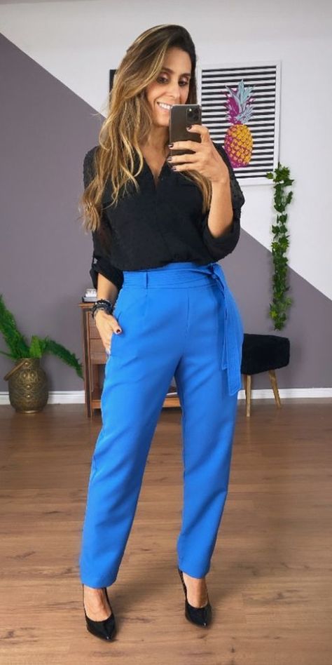 Royal Blue Work Pants Outfit, Bright Blue Dress Pants Outfit, What To Wear With Royal Blue Pants, Royal Blue Pants Outfit Work, Blue Pants Outfit Work, Royal Blue Pants Outfit, Blue Trousers Outfit, Cobalt Blue Pants, Bright Blue Pants