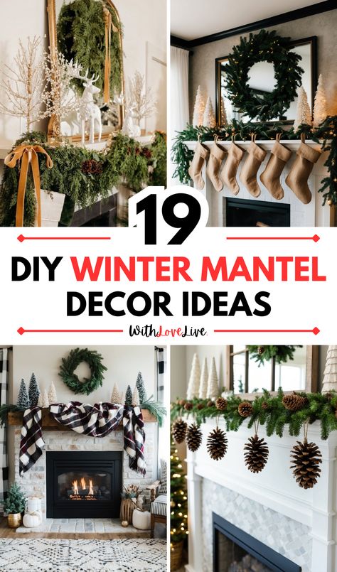 🔔 Deck out your mantel with DIY crafts and winter themes from our latest article! Learn how to blend candles, pinecones, and snowflakes for a truly festive look. 📌 Don’t miss out—check out the guide and save this pin for endless winter decor inspiration! Winter Fireplace Mantle Decor, Winter Mantles, January Mantle, Winter Mantle Decor, Winter Mantel Decor, Winter Mantle, Winter Fireplace, Winter Mantels, Mantel Decor Ideas