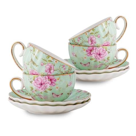 Agyiuns Tea Cup and Saucers, 6.4oz Floral Tea Cups with Gold Trim, Porcelain Bone China Teacup, Coffee Cappuccino Espresso Latte Mugs for Party Birthday,Party Cafe Home, Christmas Gift (Green) Homer Laughlin Dishes, Coffee Cappuccino, China Teacup, Home Christmas, Floral Tea, Green Gifts, Tea Pot Set, Tea Cup Saucer, Cup And Saucer Set