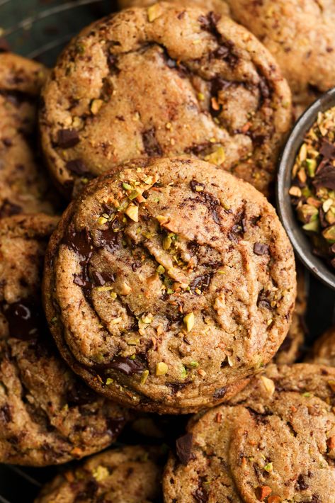 Brown Butter Pistachio Chocolate Cookies, Brown Butter Pistachio Cookies, Sturbridge Bakery, Cookie Photography, Cookies Photography, Harris House, Pistachio Chocolate, Brown Butter Cookies, Crumbl Cookies