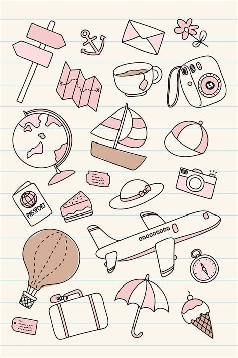 Travel Cute Drawing, Cute Items Drawing, Travel Elements, Travel Doodles, Journal Elements, Mini Note, Doodle Art Journals, Bullet Journal Aesthetic, Easy Doodle Art