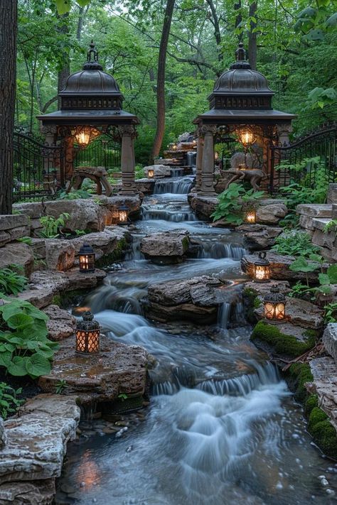 Garden Ideas With Rocks, Waterfall In House, Landscape Ideas Diy, Garden With Waterfall, Natural Water Features, Ponds Backyard Waterfall, Stream Elements, Backyard Stream, Garden Stream