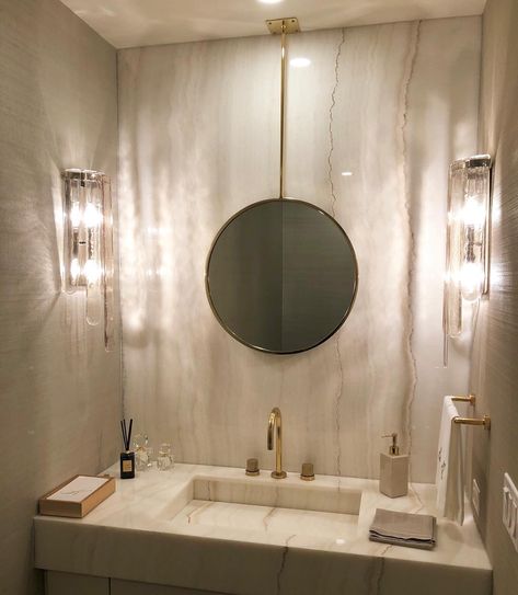 Integrated Stone Sink, Stone Sink Bathroom, Stone Bathroom Sink, Integrated Sink, Stone Sink, Sink Bathroom, Sink In, Powder Room, Round Mirror Bathroom