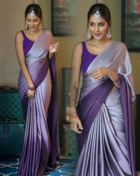 @thestyles_bysha shared a photo on Instagram: “Totally in love with this purple shaded satin saree by @livsarees and my beautiful jewelleries are by @mvsecretboutique_jewellery 💜☂️🦄…” • Jun 8, 2021 at 1:05pm UTC Satin Saree Designs, Purple Saree Look Traditional Wedding, Trending Sarees 2023, Satin Saree Blouse Designs Latest, Satin Saree For Farewell, Classy Sarees Elegant, Saree Ideas For Farewell In School, Farewell Saree Ideas School, Purple Saree Look