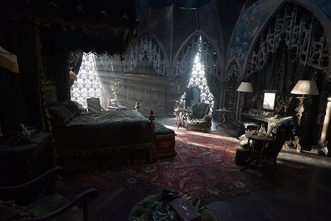 Got Bedroom, Gothic Royal Bedroom, Dark Medieval Bedroom, Dark Victorian Bedroom, Wayne Tower, Manor Room, Stone Bedroom, Manor Interior, Wayne Manor