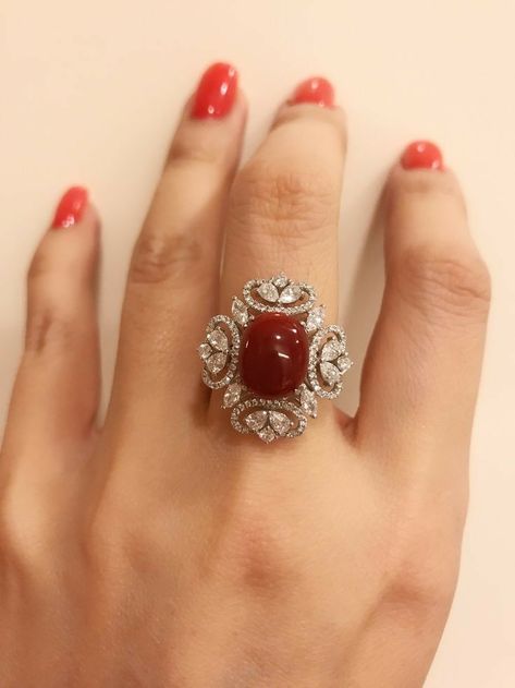 ♡♬ Wedding Jewellery Collection, Gold Ring Designs, Coral Ring, Diamond Jewelry Designs, India Jewelry, Classic Jewelry, Clothes Shop, Red Stone, Gold Jewelry Fashion