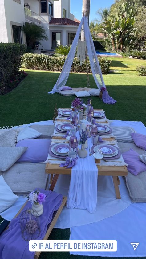 Picnic Aesthetic Purple, Purple Themed Sleepover, Purple Picnic Aesthetic, Wine Tasting Party Decorations, Purple Picnic, Brunch Setup, Picnic Table Decor, Aesthetic Brunch, Lila Party