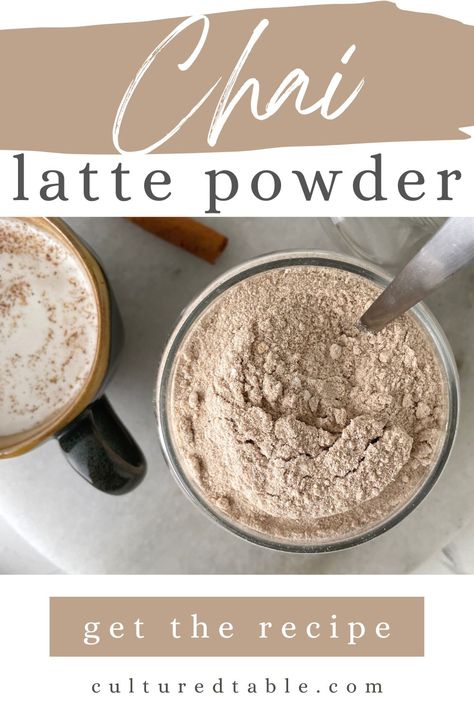 jar of powdered tea mix from above. Diy Chai Powder, Chai Latte Mix Diy, Homemade Chai Mix Recipe, Ginger Chai Tea, Chai Latte Powder Recipe, Chai Tea Powder Recipe, Diy Chia Tea Latte, Diy Chai Latte Powder, Diy Drink Mixes Powder