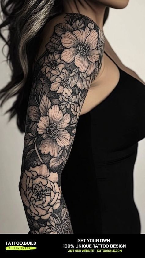 Tattoos For Women Sleeve Arm, Arm Flower Tattoo Half Sleeves, Celtic Tattoos Women, Dark Floral Tattoo Sleeve, Full Sleeve Tattoos Women Black, Flower Half Sleeve Tattoos For Women, Full Arm Sleeve Tattoos For Women, Black Tattoos For Women, Tattoo Women Arm