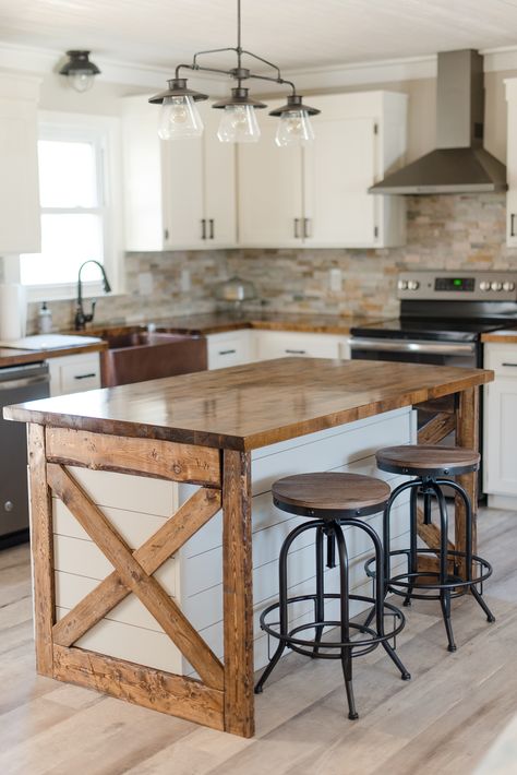 DIY modern farmhouse style kitchen island. 2 cabinets, a wine fridge, shiplap, X end pieces and butcherblock countertops. Diy Farmhouse Kitchen Island, Farmhouse Kitchen Island With Seating, Modern Farmhouse Kitchen Island, Diy Farmhouse Kitchen, Kitchen Island Furniture, Dapur Rustic, Modern Farmhouse Diy, Kitchen Island Plans, Custom Kitchen Island