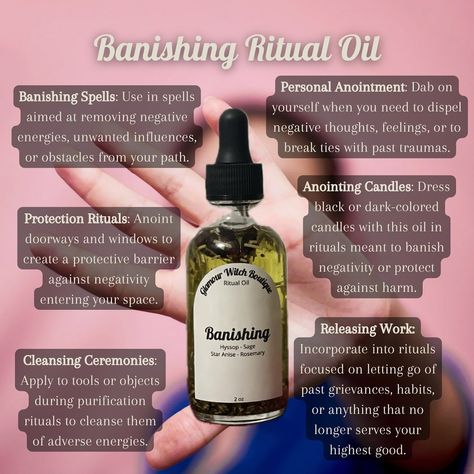 Just a few ways to incorporate our Banishing oil into your life. #glamourwitchboutique #banishingoil #banishingritual #banishingmagic #metaphysicalshop #witch Banishing Oil Recipe, Hoodoo Recipes, Banishing Oil, Intention Oils, Glamour Witch, Banishing Ritual, Ritual Oils, Shadow Book, Wicca Recipes