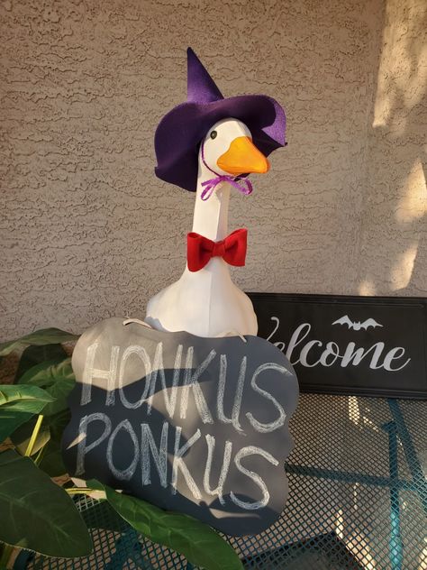 Hocus pocus witch hat for yard or porch goose purple diy Goose Costume, Purple Diy, Porch Goose, Lawn Goose, Goose Dress, Halloween Witch Costume, Goose Clothes, What The Duck, Crochet Garden