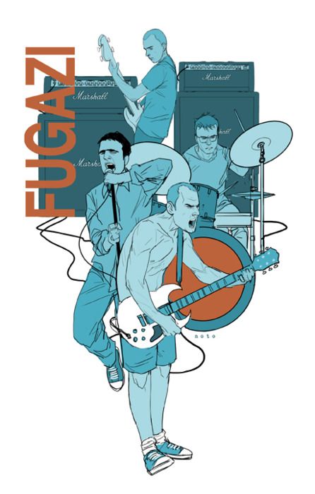 color Fugazi Band Poster, Battle Of The Band Poster, Band Poster Illustration, Fugazi Poster, Music Band Illustration, Rock Band Illustration, Character Design Styles, Fugazi Band, Rock Band Art