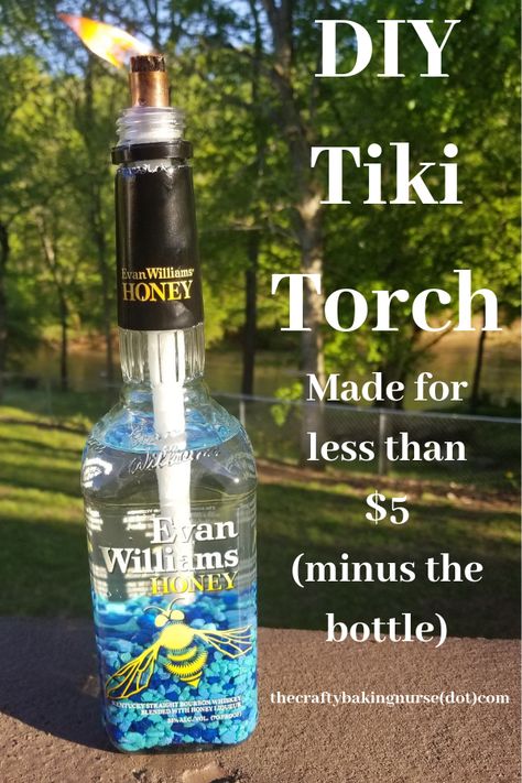 Bottle Tiki Torch Diy, Wine Bottle Tiki Torch Diy, Diy Tiki Torch, Tiki Torches Diy, Whiskey Bottle Crafts, Torches Diy, Bottle Torch, Old Liquor Bottles, Diy Whiskey