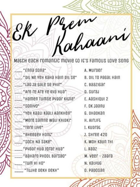 Buy Ek Prem Kahaani Bridal Shower Games Indian Wedding South Online in India - Etsy Bollywood Games Fun, Antakshari Games Ideas, Indian Wedding Games, Party Games For Ladies, Kitty Party Themes, Games Group, Games For Ladies, 25th Wedding Anniversary Party, Funny Party Games