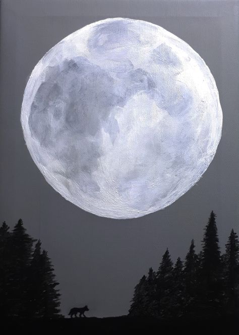 Easy Acrylic painting of the moon and a wolf on a grey background. Grey Painting Ideas On Canvas Easy, Painting Ideas Black Background Easy, Painting With Grey Background, Grey Canvas Painting Ideas, Gray Painting Ideas, Grey Painting Ideas, Cool Colours Painting, Wolf Painting Easy, Grey Background Painting