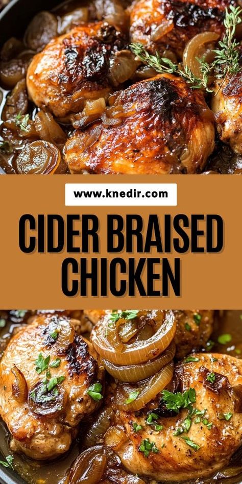 🍂 Embrace cozy fall flavors with this Cider Braised Chicken with Caramelized Onions! Tender chicken, slow-braised in rich apple cider, pairs perfectly with sweet, golden caramelized onions for a comforting one-pot meal. Perfect for chilly nights, this recipe is easy to make yet full of deep flavors. Great for family dinners or when you crave a warming dish! 🍗 #BraisedChicken #FallRecipes #ComfortFood #CaramelizedOnions #OnePotMeals #AppleCider #CozyDinners #HeartyMeals 🍏 Instant Pot Braised Chicken, Chicken And Apple Cider Recipes, Chicken Thigh Burnt Ends, Slow Cooker Dutch Oven Recipes, Rustic Braised Chicken, Chicken Thigh Braised Recipes, Braised Chicken Stew, Apple Braised Chicken, Braised Chicken And Vegetables