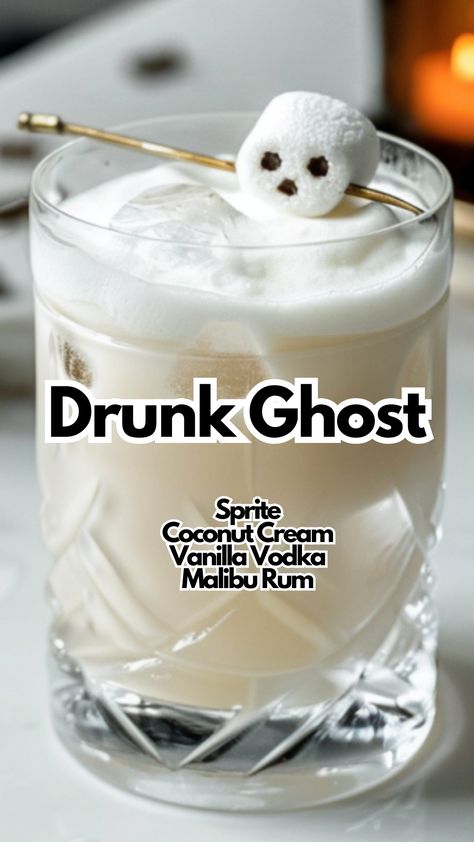 Enjoy the refreshing taste of a Drunk Ghost. This drink blends Malibu rum, vanilla vodka, and coconut cream perfectly. The hint of Sprite adds a fizzy twist, while the marshmallow garnish gives it a playful touch. #drunkghost #halloweencocktails via @mybartender Cute Halloween Drinks Alcohol, Coconut Rum Halloween Drinks, Alcoholic Party Ideas, Milky Alcoholic Drinks, Drunk Ghost Cocktail, Malibu Rum Halloween Drinks, Good Alcoholic Drinks Easy, Sprite Vodka Drinks, Halloween Party Adult Drinks