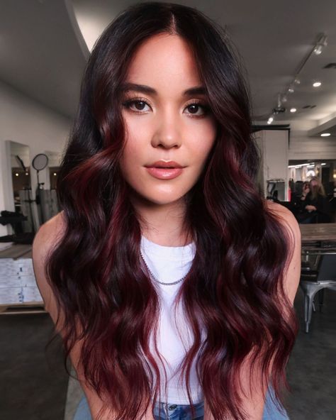 50 Shades of Burgundy Hair Color for 2024 Dark Brunette Hair With Red Undertones, Red With Brown Roots, Merlot Hair Color Burgundy, Dark Brown And Burgundy Hair, Hair Color Burgundy Highlights, Deep Wine Red Hair, Burgundy Money Piece Hair, Different Red Hair Colors, Red Brown Highlights