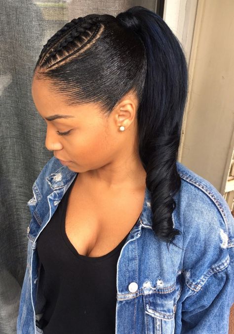 Twist In Front Ponytail In Back, Crinkly Ponytail Weave, Ponytail With Cornrows On The Side, Ponytail With Two Braids On The Side, Braided Hair Into Ponytail, Ponytail With Cornrows, Bridesmaid Ponytail Hairstyles, Sleek Braided Ponytail, Ponytail Ideas