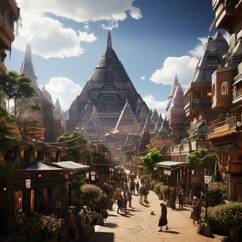 A futuristic cityscape in Egypt in 2050. The city is a blend of ancient and modern architecture, with pyramids and obelisks standing alongside skyscrapers and gleaming glass buildings. The streets are bustling with activity, filled with people from all over the world. The air is filled with the sounds of music, laughter, and commerce. In the distance, the pyramids loom large, a reminder of Egypt's rich history. But this is not a city stuck in the past. It is a thriving metropolis. Africa Fantasy City, Fantasy Arabian City, Futuristic Egyptian City, Futuristic African City, Modern Egyptian Architecture, Modern Fantasy City Concept Art, Ancient Egypt City, Egypt Village, Futuristic Africa