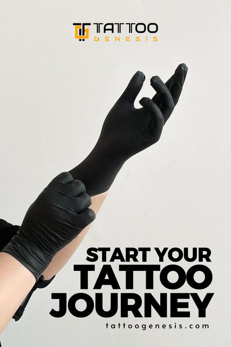 Here is a woman with black gloves on her arm and the words, start your tattoo journey Learning To Tattoo, Tattoo Artist Portfolio, Fine Tattoos, Tattooing Machines, Tattoo Artist Tips, Tattoo School, Learn To Tattoo, Tattoo Tips, Tattoo Artist Tattoo