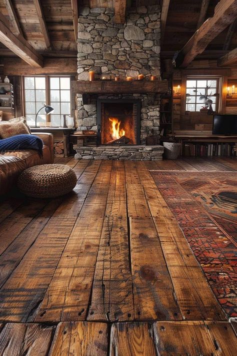 Rustic Cabin Flooring Ideas, Rock And Wood House, Cedar Wood Walls Living Room, Reclaimed Wood House, House Design Ideas Living Room, Montana Cabin Interiors, Arcatectual Design, Log House Living Room, Rustic Cabin Interior Design