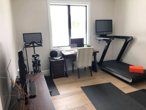 Home Office Gym Guest Room Combo, Home Gym Office, Small Office With Treadmill, Treadmill In Office Room, Treadmill In Office, Office With Treadmill Layout, Office Gym Combo Small Spaces, Office And Gym Combo Small Spaces, Office Gym Combo Ideas