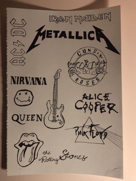 Easy Nirvana Drawings, Sketchbook Art Inspiration Music, Rock Doodles Drawing, Band Drawings Rock, Rock Music Drawings Ideas, Rock Music Aesthetic Art, Punk Drawings Easy, Rock Aesthetic Drawing, Rock Drawings Music