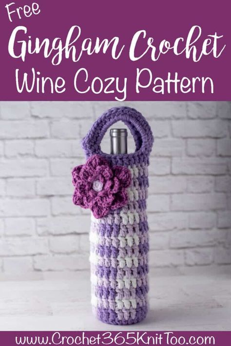 Easy to crochet Gingham Crochet Wine Cozy to brighten up your spring days! #ginghamcrochet #crochetgingham #crochetwinecozy Crochet Gingham, Gingham Crochet, Wine Cozy, Crochet Wine, Crochet Conversion Chart, Quick Crochet Projects, Bottle Cozies, Bottle Covers, Cozy Crochet Patterns