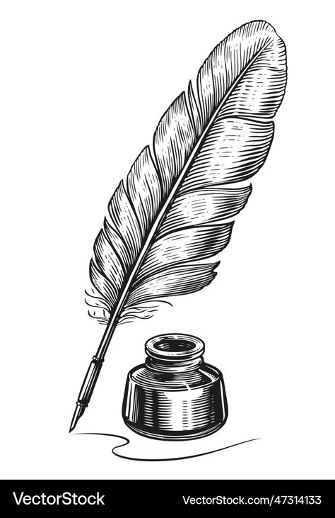 Feather Quill Drawing, Ink Pen Sketch, Feathers Reference, Feather Pen Drawing, Quill Illustration, Quill Pen Tattoo, Vintage Feather Pen, Feather Pen Tattoo, Quill Drawing