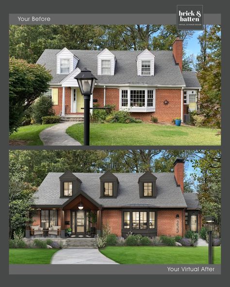 brick&batten on Instagram: “This Cape Cod style red brick home got a major facelift without painting the brick. Our designers recommended painting the siding around…” Brick House With Dormer Windows, How To Update Red Brick Exterior, Front Door Ideas Red Brick House, Red Brick House Makeover, Red Brick Exterior Makeover, Red Brick House Front Porch, Red Brick Ranch Exterior, Bay Window Exterior Ideas, Modern Cape Cod House