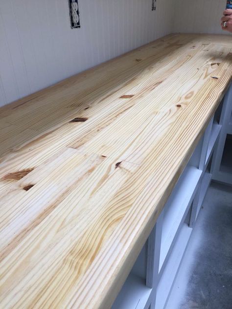 Closeup look at the pantry countertops.  Made from discarded pine boards cut in strips, glued together, planed repeatedly and sanded for what seemed like forever.  SO worth the wait! Edge Glued Pine Countertop, Pine Boards, Worth The Wait, Kitchen Pantry, Counter Top, Pantry, Entryway Tables, Countertops, Furniture