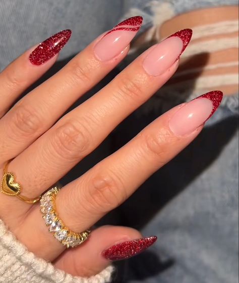 Sparkling Red French Tip Nails, Red Prom Nails Acrylic Almond, Red With Sparkle Nails, Sparkly Red Nails Christmas, Red Sparkly Almond Nails, Red Sparkle French Tip Nails Almond, Red French Tip Nails Almond Christmas, Red Christmas Nails Almond Shape, Red Nails Christmas Simple