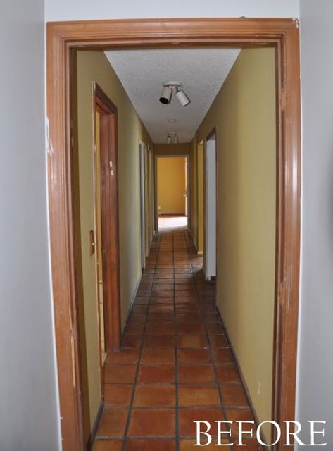 Narrow Dark Hallway Ideas, Hallway Fixtures, How To Brighten A Dark Hallway, Brighten Up A Dark Hallway, Brighten Dark Hallway, Long Dark Hallway, Hallway Makeover Before And After, Long Narrow Hallway Ideas, Statement Hallway